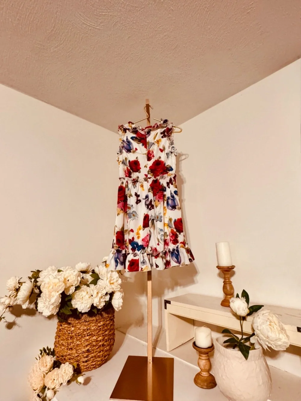 Dolce & Gabbana White Floral Ruffle Dress with Red & Blue Accents
